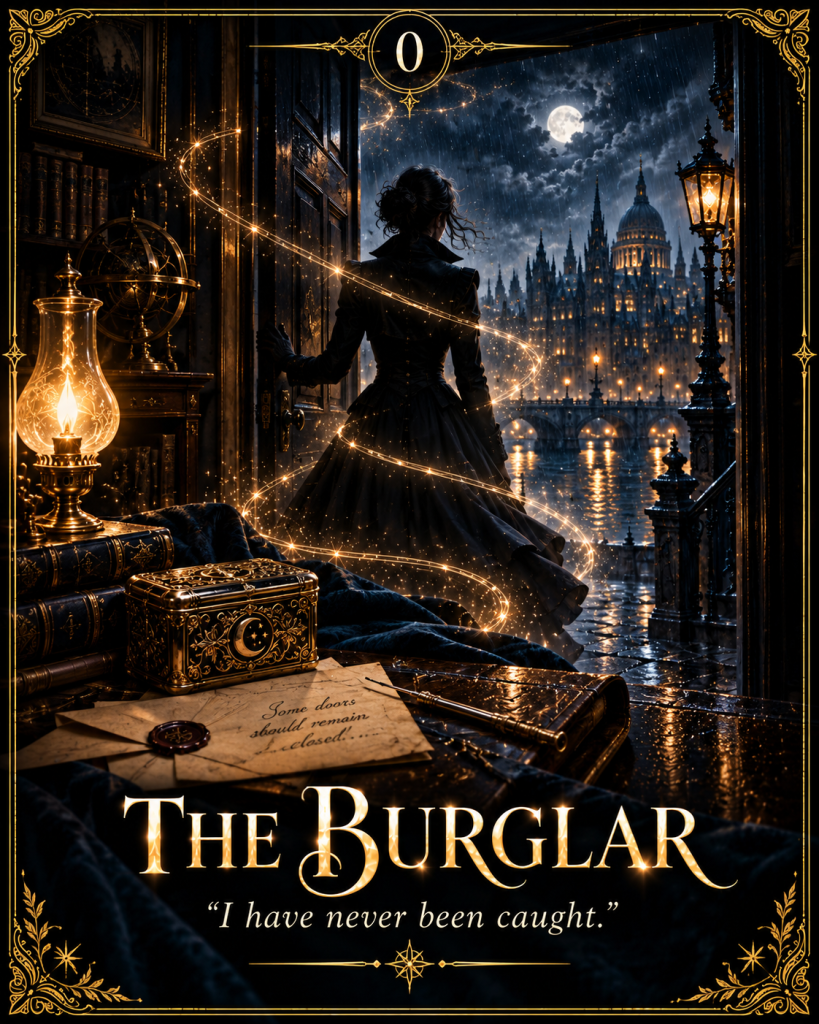 Card 0, The Burglar: a cloaked woman at a moonlit window above a desk with a sealed letter. Caption: "I have never been caught."