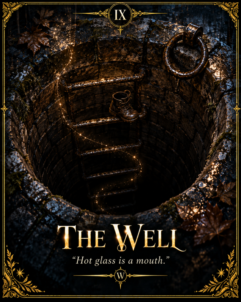 Card IX, The Well: a view down a stone well with a spiral stair and an iron ring. Caption: "Hot glass is a mouth."