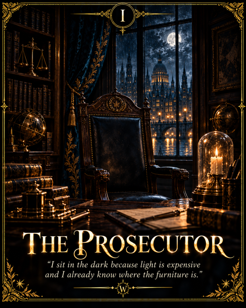 Card I, The Prosecutor: an empty leather chair in a dark, book-lined study. Caption: "I sit in the dark because light is expensive and I already know where the furniture is."