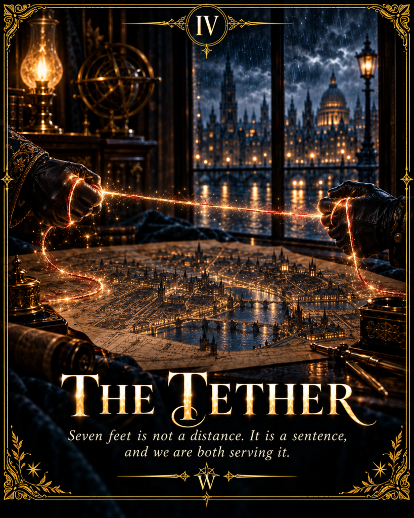 Card IV, The Tether: two hands joined by a glowing red thread above a map of the city. Caption: "Seven feet is not a distance. It is a sentence, and we are both serving it."