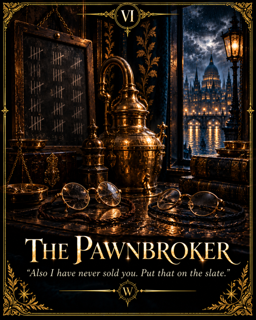 Card VI, The Pawnbroker: brass scales, spectacles and a slate of tally marks in a pawnshop. Caption: "Also I have never sold you. Put that on the slate."