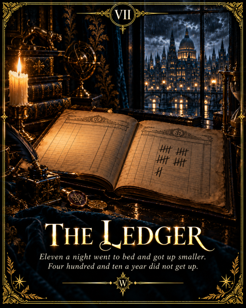 Card VII, The Ledger: an open ledger filled with tally marks beside a lit candle. Caption: "Eleven a night went to bed and got up smaller. Four hundred and ten a year did not get up."