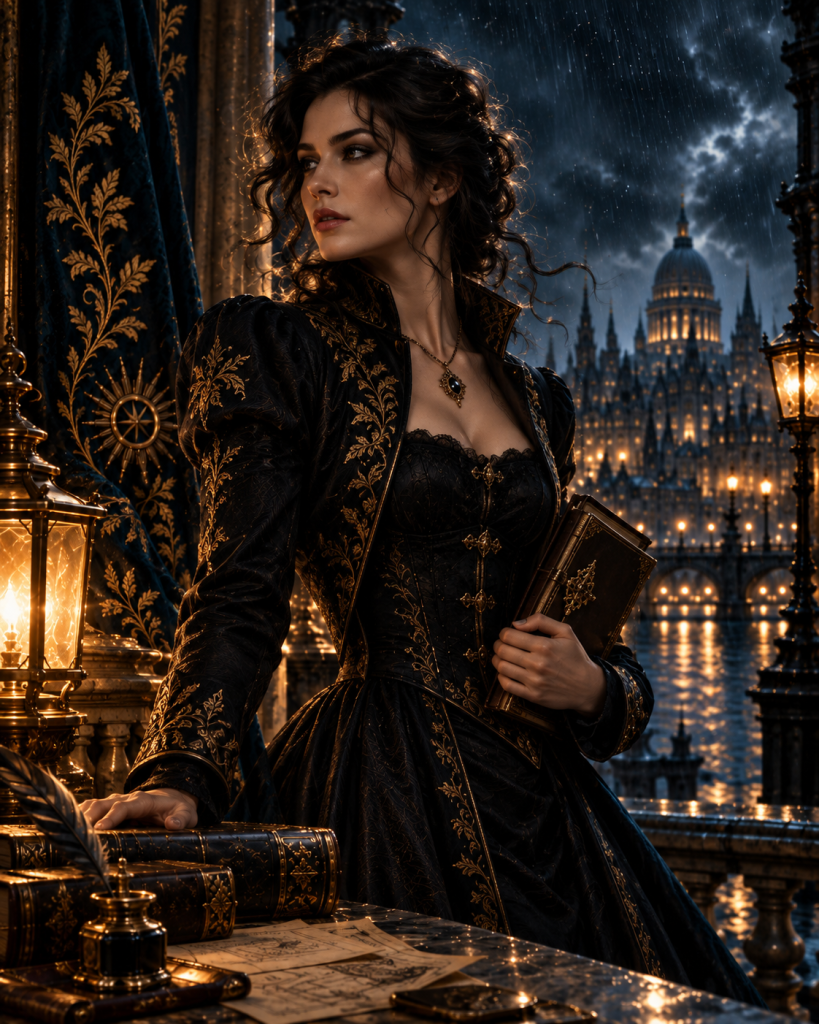 Morigan Weiss, a dark-haired woman in a black and gold gown, holds a book in a lamplit study overlooking a gaslit city at night