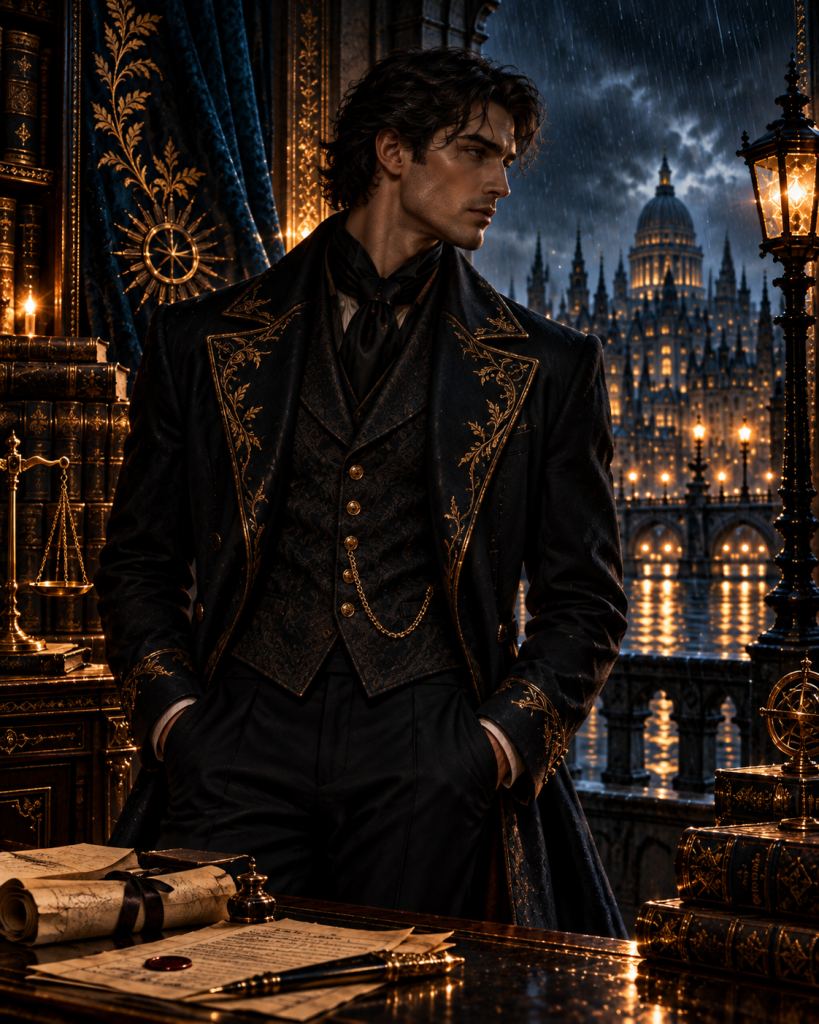 Matthew Thale, a dark-haired man in a black and gold frock coat, stands at a desk in a lamplit study with a gaslit city behind him