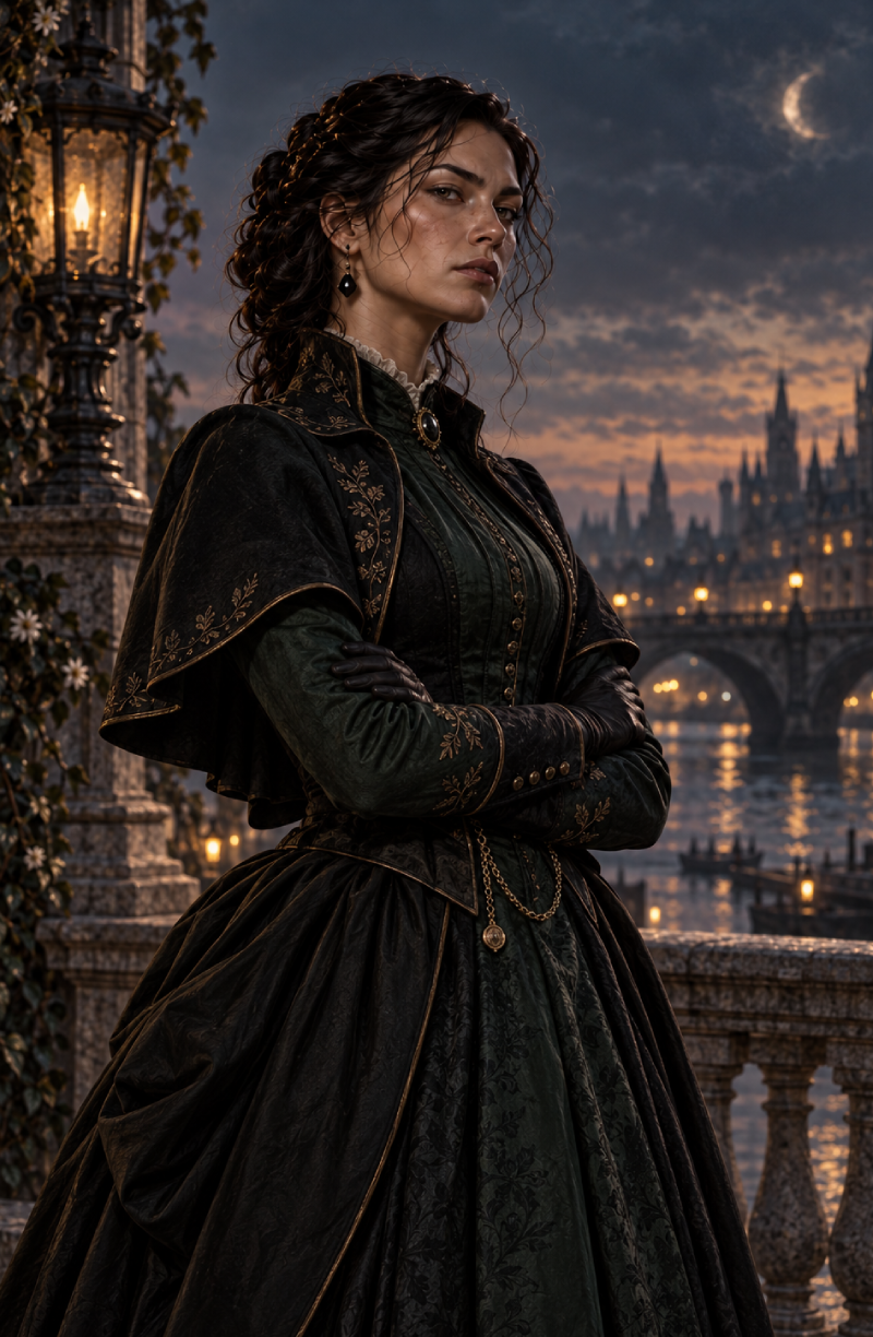 Morigan Weiss in a dark, high-collared gown beside a lit street lamp under a crescent moon